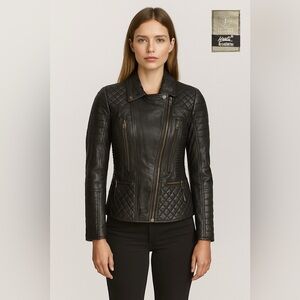 Heeli By Leathertex Women's Genuine Leather Quilted Motorcycle Jacket